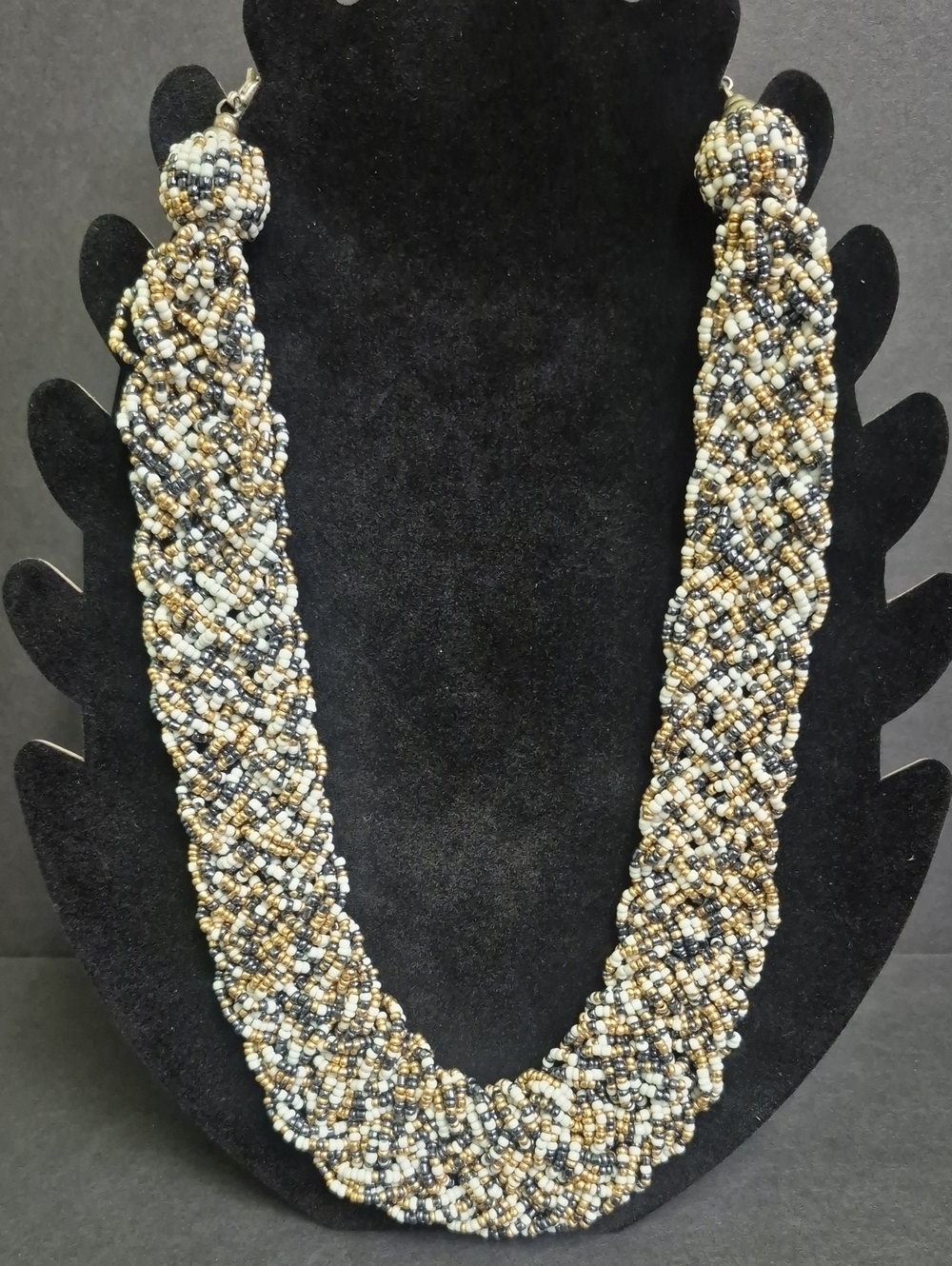 Seed Bead Braided Bib Rope Necklace - Gold, White & Gray